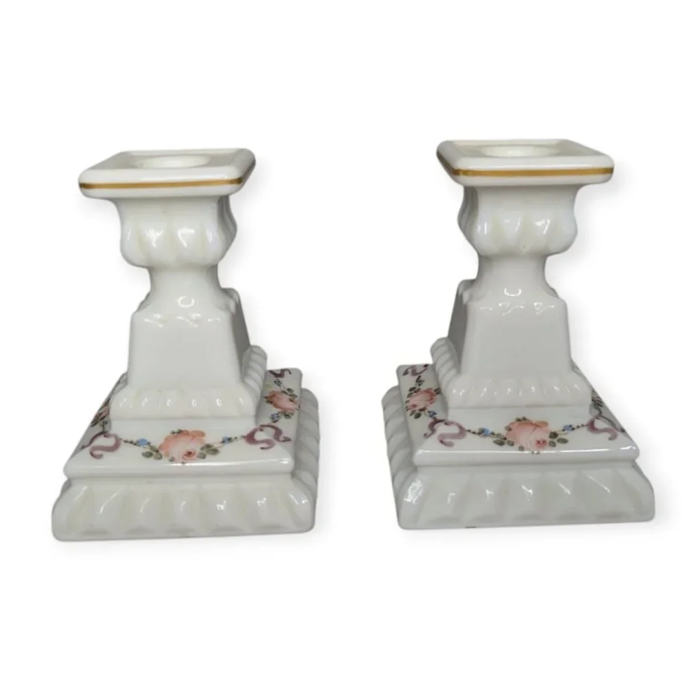 Vintage Westmoreland Milk Glass Floral Hand Painted Candle Holders Matching Pair